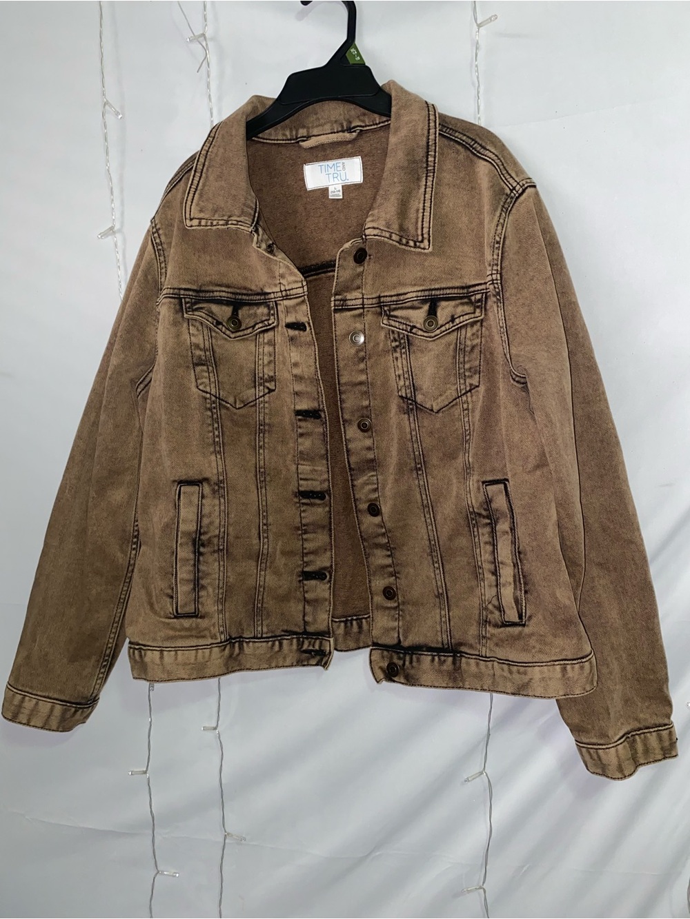 Time and Tru Brown Washed Denim Jacket with Contrast Stitching
